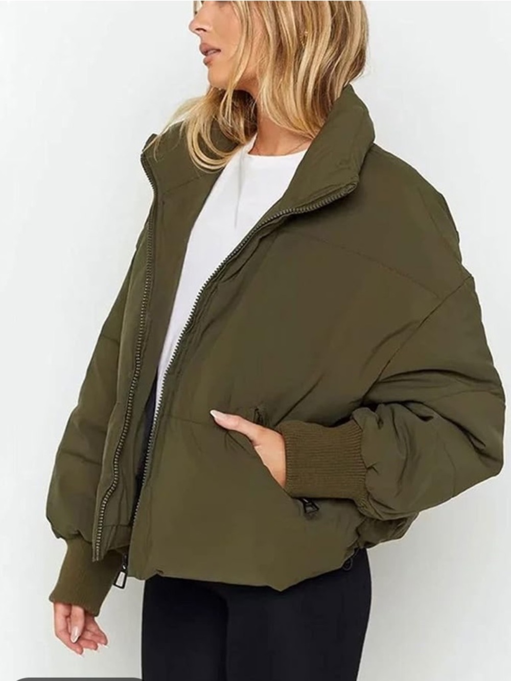 Olive Green Bomber Puffer Crop Oversized Jacket size XL
